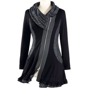 Cyberpunk Black Shawl Cowl Tunic Asymmetric Zip Geometric Knit Whimsygoth Large